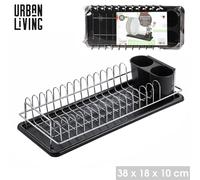 Plastic & Metal Dish Drainer Rack with Drip Tray 38x18x10cm Kitchen Sink Black