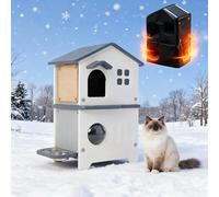 Plastic Outdoor Cat House Weatherproof for Feral Cat with Insulating Layer Scratching Post, 2 Story Insulated Elevated Cat Shelter with Escape Door, Easy Assemble, Expansive Interior Grey