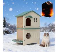 Plastic Outdoor Cat House Weatherproof for Feral Cat with Insulating Layer Scratching Post, 2 Story Insulated Elevated Cat Shelter with Escape Door, Easy Assemble, Expansive Interior (Green)