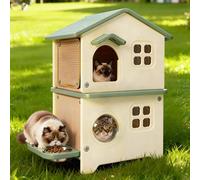 Plastic Outdoor Cat House Weatherproof for Feral Cat with Scratching Post, 2 Story Insulated Elevated Cat Shelter with Escape Door, Easy Assemble, Expansive Interior (Green)