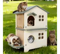 Plastic Outdoor Cat House Weatherproof for Feral Cat with Scratching Post, 2 Story Insulated Elevated Cat Shelter with Escape Door, Easy Assemble, Expansive Interior Grey