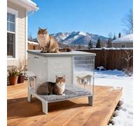 Plastic Outdoor Cat Housewith Mat Weatherproof for Feral Cat, Elevated Cat Shelter with Escape Door, Easy Assemble, Expansive Interior Grey Large