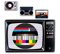 Plastic placemats, coasters in retro 80’s style in set of 4, cassette, test pattern, turntable and ghetto blaster