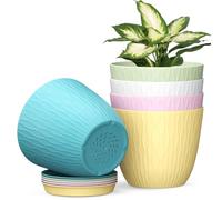 Plastic Plant Pots Indoor, 5 Pack 15cm Stripe Grooves Flower Pots with Drainage Holes and Tray, Modern Decorative Planter Pot for All House Plants（Multicolor）