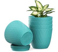 Plastic Plant Pots Indoor, 5 Pack 15cm Stripe Grooves Flower Pots with Drainage Holes and Tray, Modern Decorative Planter Pot for All House Plants（Dark Green）