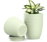 Plastic Plant Pots Indoor, 5 Pack 15cm Stripe Grooves Flower Pots with Drainage Holes and Tray, Modern Decorative Planter Pot for All House Plants（Light Green）