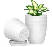 Plastic Plant Pots Indoor, 5 Pack 15cm Stripe Grooves Flower Pots with Drainage Holes and Tray, Modern Decorative Planter Pot for All House Plants(White)