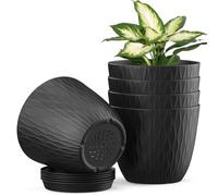 Plastic Plant Pots Indoor, 5 Pack 15cm Stripe Grooves Flower Pots with Drainage Holes and Tray, Modern Decorative Planter Pot for All House Plants（Black）