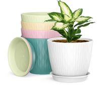 Plastic Plant Pots Indoor, 5 Pack 20cm/8 Inch Stripe Grooves Flower Pots with Drainage Holes and Tray, Modern Decorative Planter Pot for All House Plants(Multicolor)