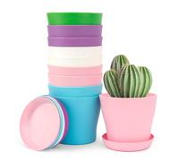 Plastic Planters,10PCS 10cm Matt Plastic Plant Pots Planter + Saucer Tray Deco,Colorful House Plant Pots with Drainage Hole,for Seedlings Miniature Plants Indoor Garden Office Balcony Decoration