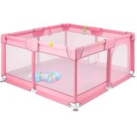 Plastic Playpen for Toddlers Breathable Mesh Walls & Sturdy HDPE Frame Compact Foldable Design (3.4kg Capacity) Indoor & Outdoor Use (Pink, 127 * 127)