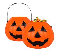 Plastic Pumpkin Bucket 2PCS 6.7x5.6in Portable Pumpkin Pail with Handle Large Capacity Reusable Cute Halloween Candy Bucket for Trick or Treat Party Favors Decor, Pail