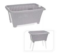 Plastic Rattan Laundry Basket with Folding Legs - Large Washing Basket for Clothes, Durable Woven Design, Easy to Carry & Store (Grey)