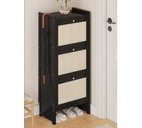 Plastic Rattan Shoe Rack - Double Layer Tumbler Shoe Cabinet for Entryway, Hallway & Foyer - Indoor/Outdoor Flip Down Storage Shelf - One-Piece Design