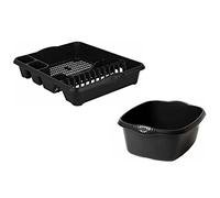 Plastic Rectangular Washing Up Bowl & Large Dish Drainer Rack Plate Holder Kitchen Sink 2 Pc Set (Midnight)