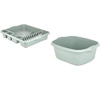 Plastic Rectangular Washing Up Bowl & Large Dish Drainer Rack Plate Holder Kitchen Sink 2 Pc Set (Sage)