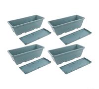 Plastic Rectangular Window Plant Boxes 4PCS with Tray and Drainage Holes for Growing Succulents, Vegetables, and Flowers in Balcony or Indoor Settings (Blue)