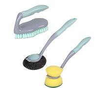 Plastic Reusable 3 Piece Dish Washing Up Sponge Scrubbing & General Cleaning Brush Set (Pale Green)