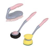 Plastic Reusable 3 Piece Dish Washing Up Sponge Scrubbing & General Cleaning Brush Set (Pale Pink)
