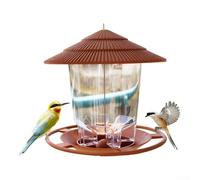 Plastic Round Hanging Bird Feeder House with Extended Roof Coverage Crumb Tray and Central Transparent for Monitoring (Brown)