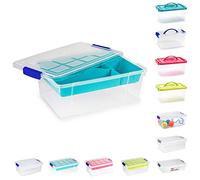 Plastic Storage Box Lightweight Robust Stackable Storage Boxes with Lid, Clear Latch Boxes, Plastic Organiser, Space Saving Solution for Home Office (9L - Storage Box with Turquoise Tray)