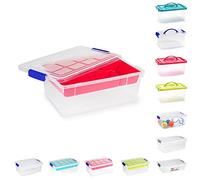 Plastic Storage Box Lightweight Robust Stackable Storage Boxes with Lid, Clear Latch Boxes, Plastic Organiser, Space Saving Solution for Home Office (9L - Storage Box with Fuchsia Tray)