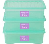 Wham Crystal Plastic Storage Boxes With Lids Home Office Stackable Nestable Container Box, 32L Easy fit Underbed Protective Storage Box, 60 x 40 x 18 cm - Tint Spearmint (Set of 3)