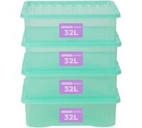 Wham Crystal Plastic Storage Boxes With Lids Home Office Stackable Nestable Container Box, 32L Easy fit Underbed Protective Storage Box, 60 x 40 x 18 cm - Tint Spearmint (Set of 4)