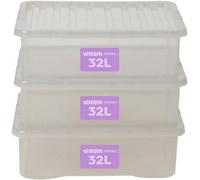 Wham Crystal Plastic Storage Boxes With Lids Home Office Stackable Nestable Container Box, 32L Easy fit Underbed Protective Storage Box, 60 x 40 x 18 cm - Tint Grey (Set of 4)