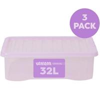 Wham Crystal Plastic Storage Boxes With Lids Home Office Stackable Nestable Container Box, 32L Easy fit Underbed Protective Storage Box, 60 x 40 x 18 cm - Tint Lilac (Set of 3)