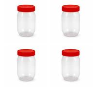 Plastic Storage Jars with Red Screw Lids, Clear BPA Free Containers for Cream, Spices, Beads, Needles, Small Item Storage, Multipurpose Pots for Travel & Kitchen Use (Set of 4 - 300ml Round Jar)