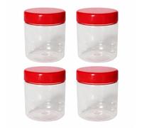 Plastic Storage Jars with Red Screw Lids, Clear BPA Free Containers for Cream, Spices, Beads, Needles, Small Item Storage, Multipurpose Pots for Travel & Kitchen Use (Set of 4 - 200ml Round Jar)