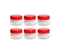 Plastic Storage Jars with Red Screw Lids, Clear BPA Free Containers for Cream, Spices, Beads, Needles, Small Item Storage, Multipurpose Pots for Travel & Kitchen Use (Set of 6 - 50ml Round Jar)