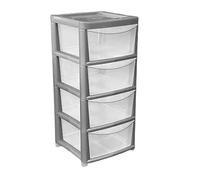 Plastic Storage Unit Rattan 4 Drawer | Large Grey Chest Organizer Tower Cabinet Trolley Stackable Standing | Home Kitchen Office School Garage Cosmetics Sanitary | 39 DEPTH x 39 WIDTH x 87 HEIGHT cm