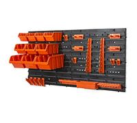 Plastic tool board with set of 13 storage bins and 17-piece tool hangers
