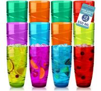 HEFTMAN Plastic Tumblers Set of 12-550ml Acrylic Tumbler Glasses with Swirl Design, Stackable Re-usable Plastic Glasses for Garden, Picnics, Camping, BBQs, Parties or Everyday Use (Coloured)