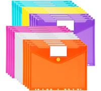 Plastic Wallets A4, 24 Pack Plastic Folders Waterproof Document Wallet 6 Assorted Colours with Velcro Closure, Transparent Colourful A4 Folder with Label Pockets for Home, Office, School and Travel