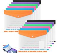 Plastic Wallets A4,Punched Pockets A4,12 Pack Plastic Folders,Expandable Envelope Document Files with Button,Tab Card, for School, Office, Home, Travel (Vertical)