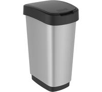 Plastic Waste Bin, Rotho Trash Can 50L with hinged Lid, Black/Silver
