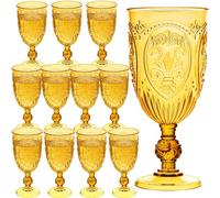 Plastic Wine Glasses 12Pcs Plastic Goblets 7.5oz Colored Retro Embossed Glassware Vintage Stemmed Drinking Cup Reusable Water Goblets for Wedding Reception Grand Event Party Bar,Whiskey (Amber)
