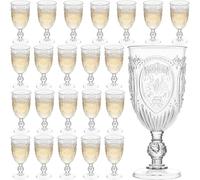 Plastic Wine Glasses 24Pcs Plastic Goblets 7.5oz Colored Retro Embossed Glassware Vintage Stemmed Drinking Cup Reusable Water Goblets for Wedding Reception Grand Event Party Bar,Whiskey (Clear)