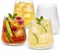 Plastic Wine Glasses 4 Pack - 420ml Ribbed Stemless Cups Reusable Tumblers | Unbreakable Shatterproof Drinkware, BPA-Free Clear Fluted Barware for Garden BBQ, Picnic, Camping, Gin & Prosecco Cocktail