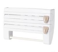 Plastic Wrap and Foil Storage System with Wall Mounted ABS Rack Dual Cutting Blades and Adjustable Roller Bar Support (White)