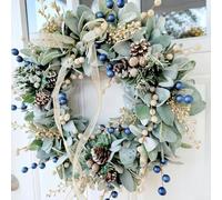 Plastic Wreath With Artificial Blue Fruit Pinecones, Green Wedding Venue Decoration, Christmas Door Hanging 40X40cm Festive Plant Pendant