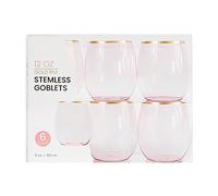 PLASTICPRO 6 Pack Pink with Gold Rim Plastic Wine Glasses Stemless Disposable 12 oz BPA Free Shatterproof Plastic Wine Cups Wine Glasses for Parties