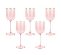 PLASTICPRO Pink Wine Cup with Gold rim Plastic Wine Glasses Set of 5 Elegant Wine Goblets Hard Plastic Wine Cups on Stem 12 Ounce