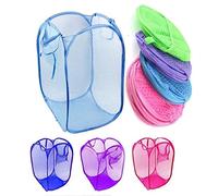 PLASTIFIC Foldable Pop Up Mesh Washing Laundry Basket Bag Bin Hamper Toy Tidy Storage Organiser Laundry Net Bag Clothes Bags (1 x Sky Blue Foldable Basket Bag)