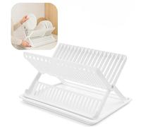 plastific Folding Dish Drainer With Tray Dish Drainer With Drip Tray Cutlery Holder Folding Dish Drainer and Plate Drying Rack With Cutlery Holder (White)