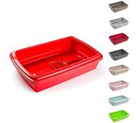 PLASTIFIC Large Cat Litter Tray or Set with Bowls + Scoop Open Plastic Box Toilet Rim Easy Cleaning Litter Tray, Litter Box, Kittens/Cats (Red)