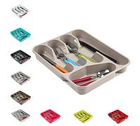 plastific Large CUTLERY TRAY Flatware Organiser Strong Plastic Drawer Sliding Tidy Rack Holder Drawer Insert Tidy Storage, 33.5 x 26.5 x 4.5 cm - Solid Base, Taupe
